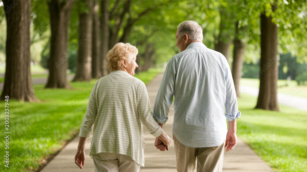 Couple walking together through a park